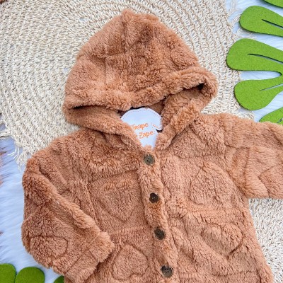 Casaco Avulso de Pelinho Corações com Capuz e Botões - Caramelo 